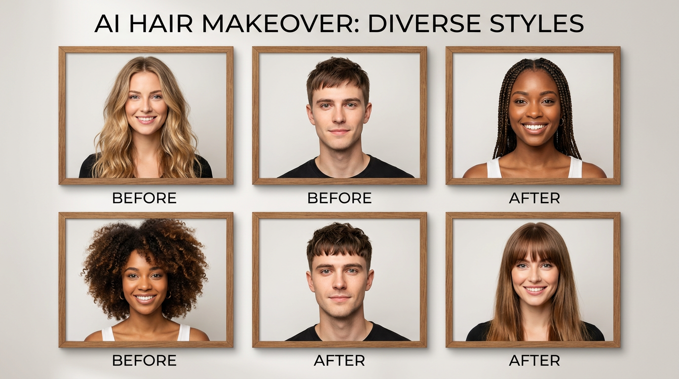 Collage of diverse AI hairstyle makeovers including waves, pixie cut, braids and afro