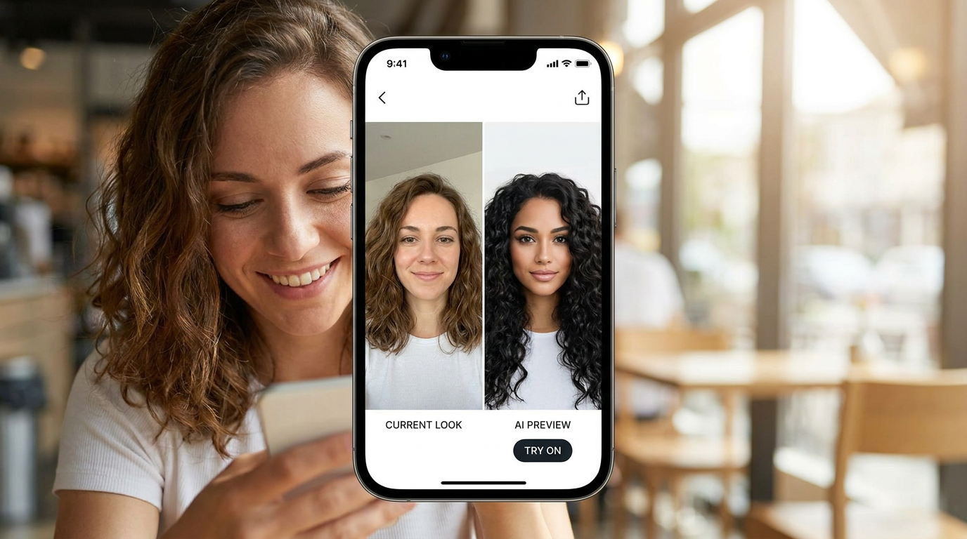 Virtual hairstyle try-on preview of a new curly hairstyle on a phone app