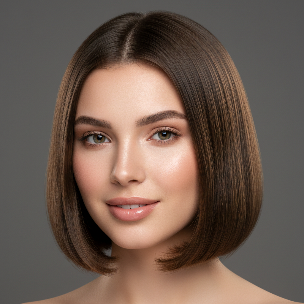AI hairstyle generator result showing a woman with a sleek glossy long bob haircut in a clean studio portrait