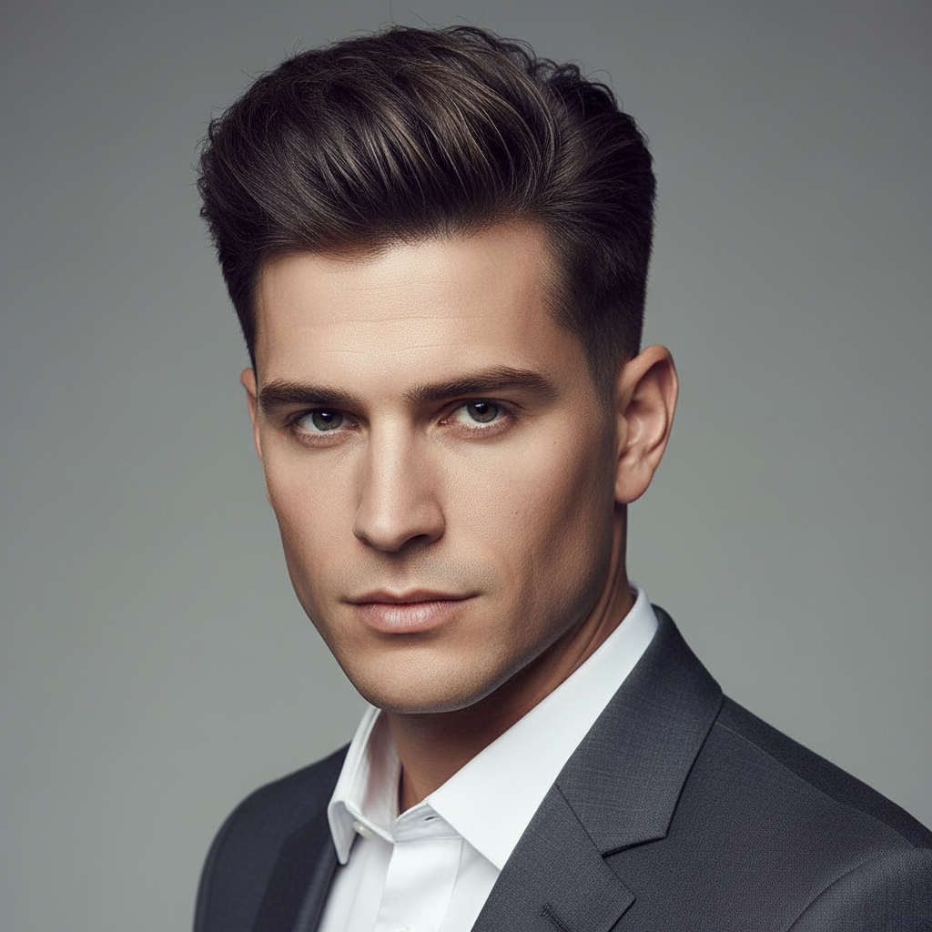 AI hairstyle generator result showing a man with a modern textured quiff hairstyle and faded sides