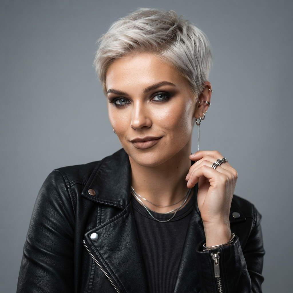 AI hairstyle generator result showing a woman with a chic short platinum blonde pixie cut