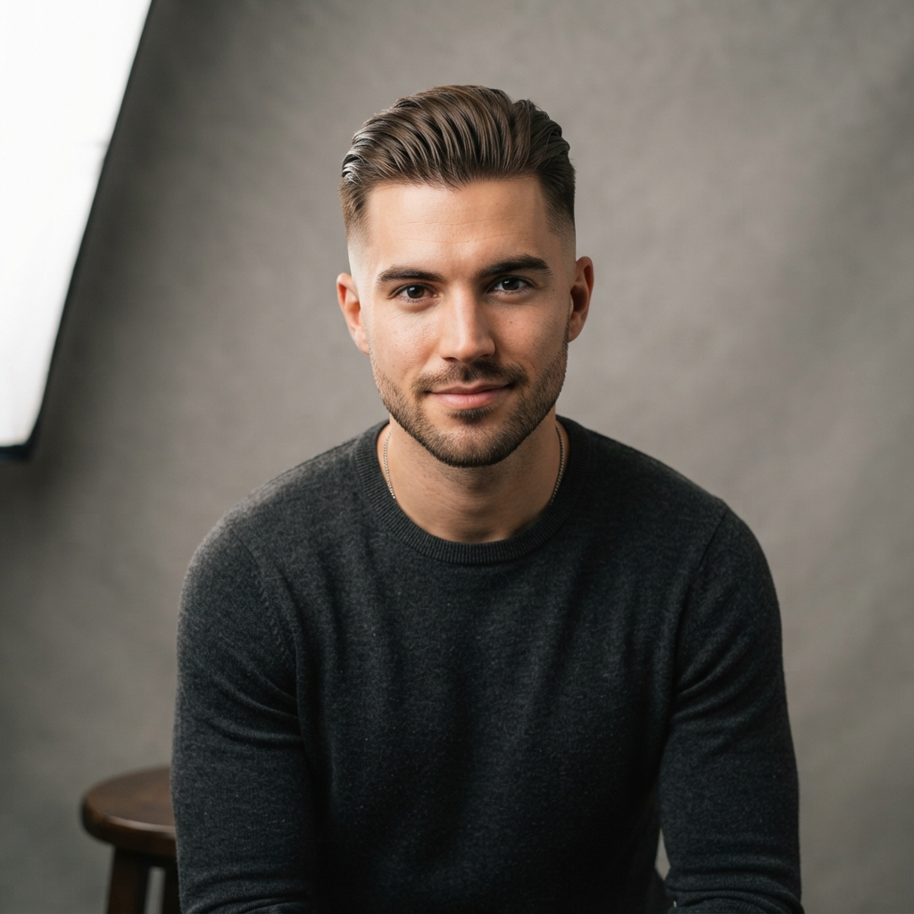 AI hairstyle generator result showing a man with a classic slick back undercut and sharp fade