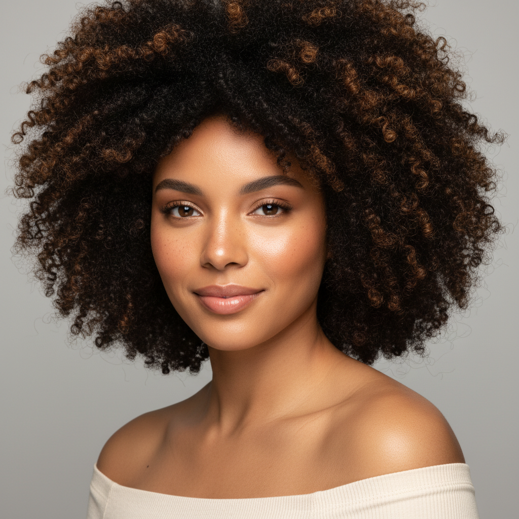 AI hairstyle generator result showing a woman with a voluminous curly natural afro hairstyle