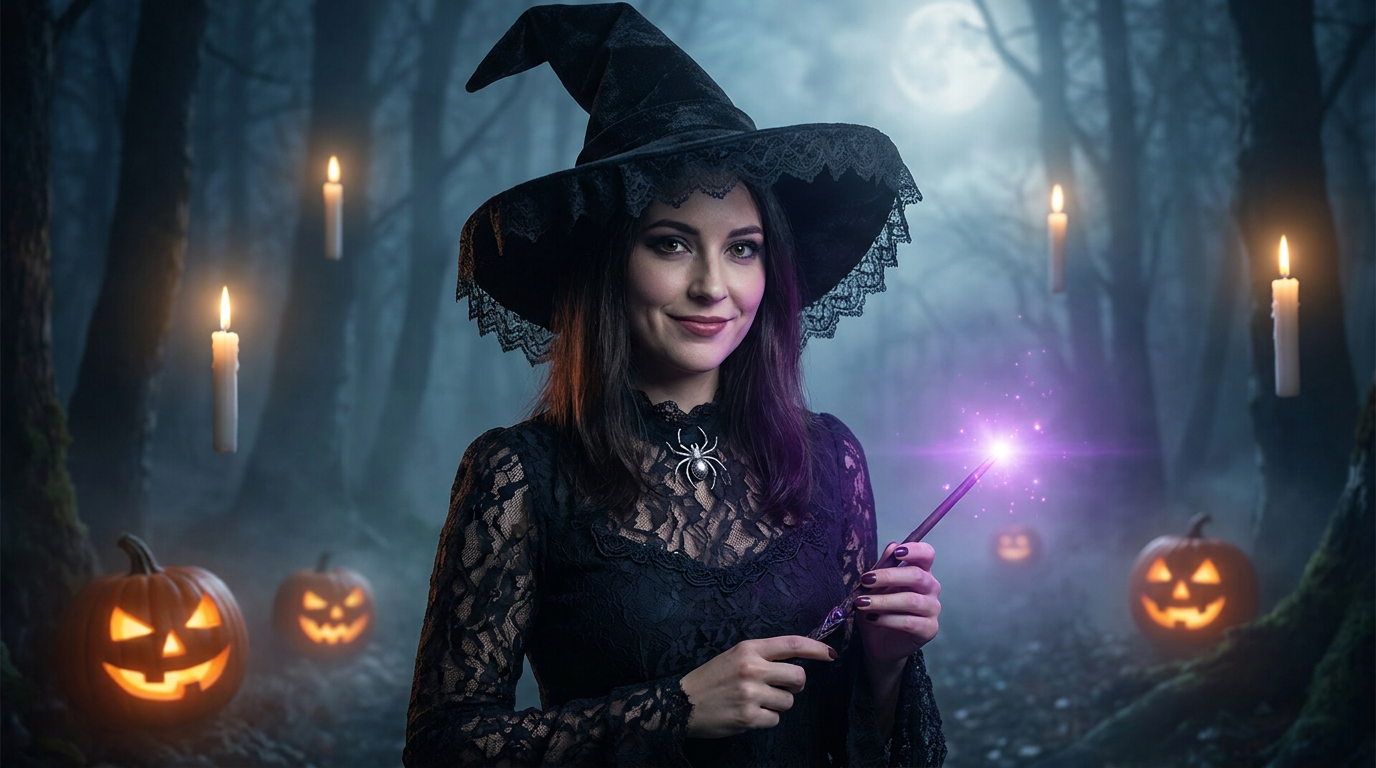 AI Halloween costume generator result showing a person as a glamorous witch in a black pointed hat and gothic dress in a misty moonlit forest with glowing pumpkins