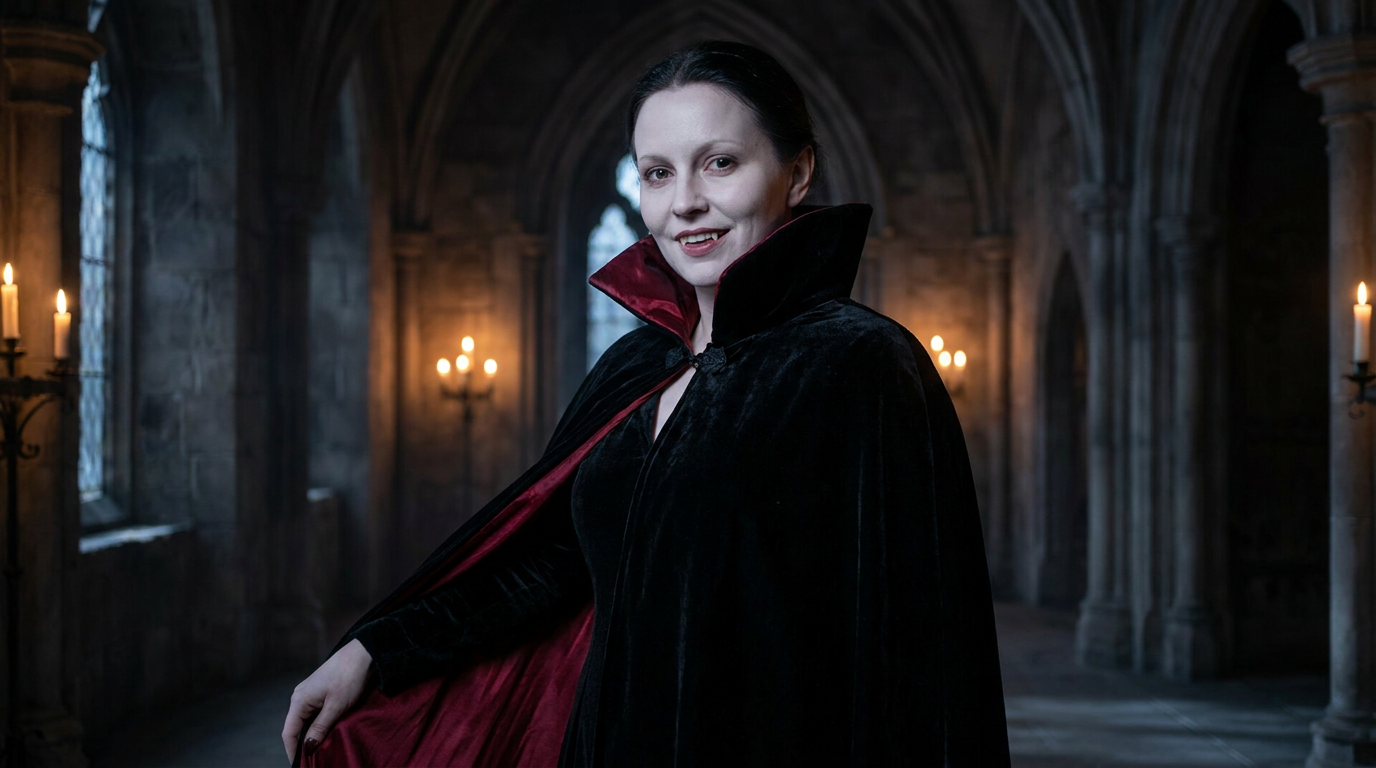 AI Halloween costume generator result showing a person as an elegant vampire with subtle fangs and a black and red velvet cape in a candlelit gothic castle