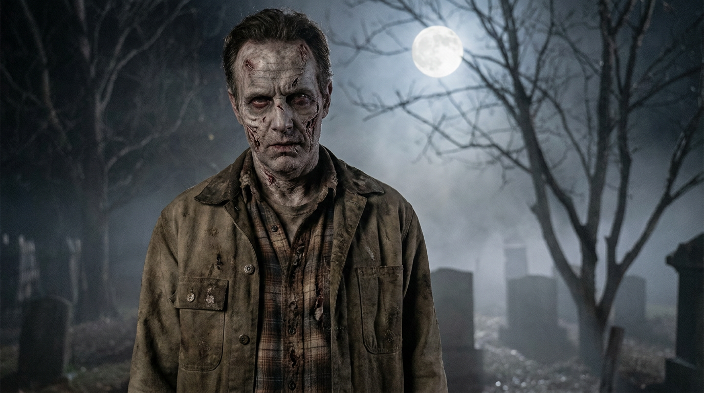 AI Halloween costume generator result showing a person as a spooky zombie with special-effects makeup in a foggy graveyard under a full moon