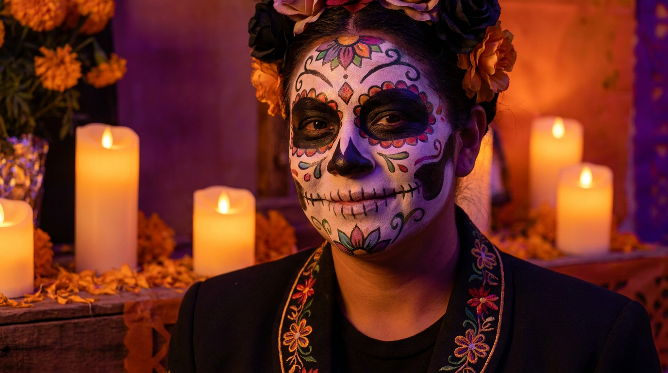 AI Halloween costume generator result showing a person with an intricate Day of the Dead sugar skull face paint and marigolds in vivid color