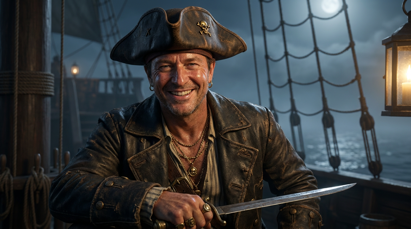 AI Halloween costume generator result showing a person as a swashbuckling pirate in a tricorn hat and leather coat on a moonlit ship deck