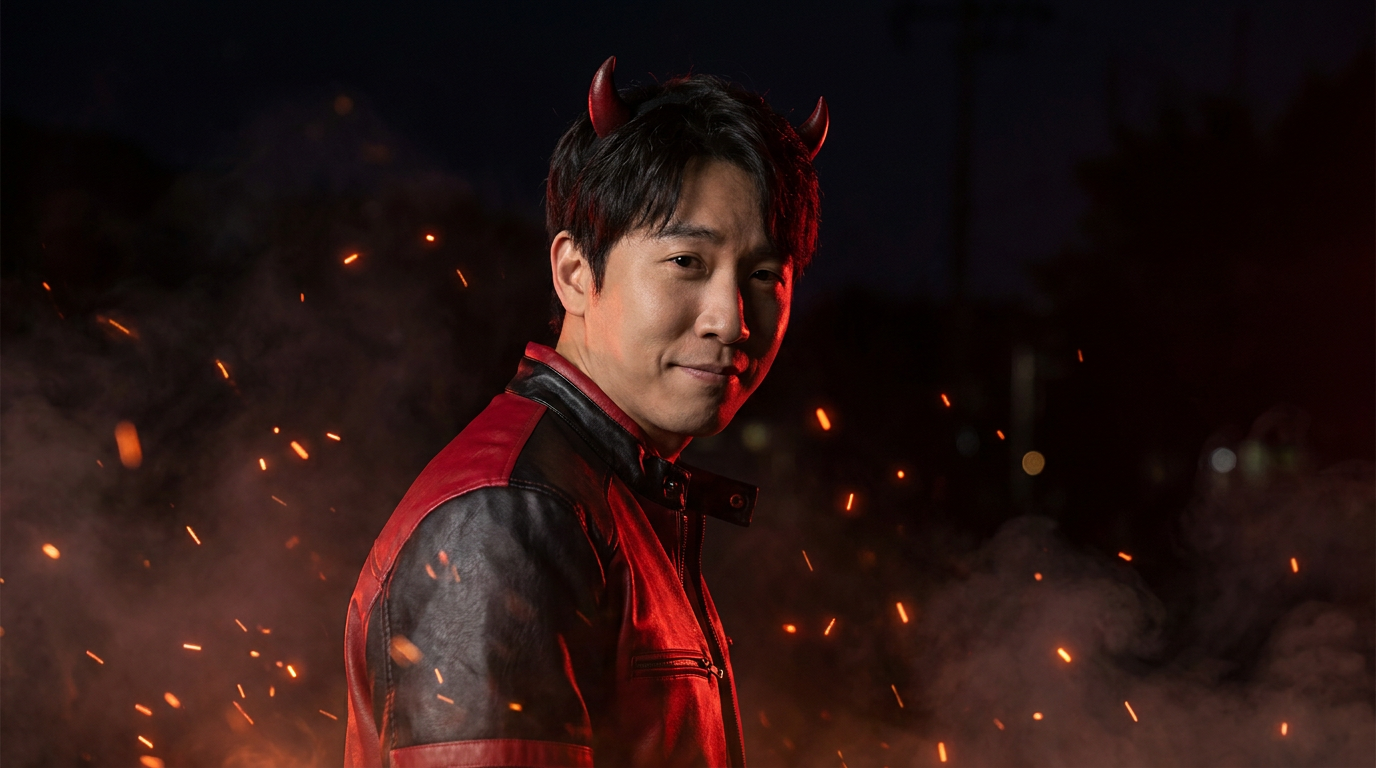 AI Halloween costume generator result showing a person in a stylish devil costume with red horns and glowing embers on a dark background