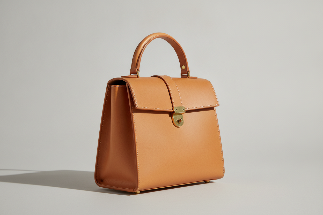 AI handbag design generator result: an unbranded structured top-handle satchel in warm tan leather, shot from a low three quarter angle so the side panel reads clearly. The gusset is the whole point of this frame — a separate panel running up both sides that turns a flat front and back into a bag with volume, and here it is wide at the top and drawn in toward the base, which is a trapezoid rather than the flat-sided rectangle the preset asked for. The stitching and the turned edges are convincing. The feet are not: two small brass domes sit on the lower front face instead of four under the base, where they would actually keep the leather off the floor
