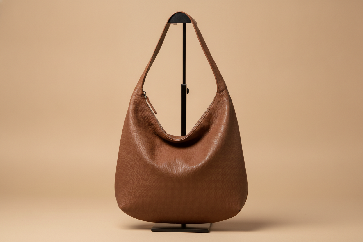 The most instructive failure on the page. This preset asks for a completely unstructured hobo with no interlining, a body collapsing into deep folds under its own weight and creases where the strap meets it. What came back is smooth, taut and full, with one faint crease near the zip. The reason is worth understanding: every hobo the model has ever seen in a product photo was stuffed with tissue before the shutter fired, so a stuffed bag is what unstructured looks like to it. The pebbled grain is a second tell, arriving as an even mechanical dot pattern rather than the irregular pebble of a real milled hide