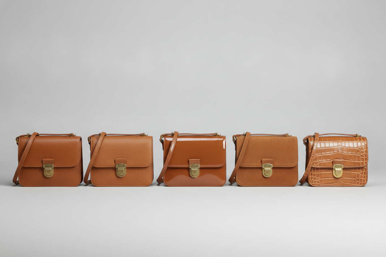 The comparison row, and the frame that earns its place: five identical small flap bags in the same caramel colour with the same brass push lock and the same strap, differing only in leather finish. Smooth calf on the left is the only one where the stitch line and the edge of the flap are legible. The pebbled grain softens them. The patent replaces the flap edge with a specular highlight. The suede swallows the stitching entirely. The embossed crocodile at the right eats the construction whole and has quietly rendered larger than its four siblings. One variable, five outcomes, and it decides how much of your workmanship a customer can even see