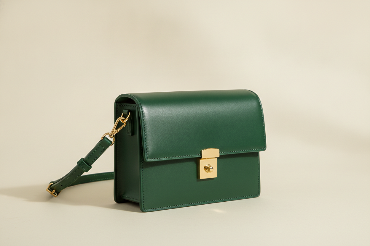 A boxy forest green flap crossbody, and the cleanest object of the six. Two details are worth reading against the brief. The preset asked for sharp corners and the render put a generous roll on the top edge and a radius on every corner, because leather has to turn around something and the model knows it even when the words do not. And the preset asked for raw cut edges finished with a line of matching green edge paint, which is the single most cost-relevant decision in the whole bag; what arrived reads as a turned and stitched edge instead. At this resolution the two are indistinguishable, which is exactly the problem