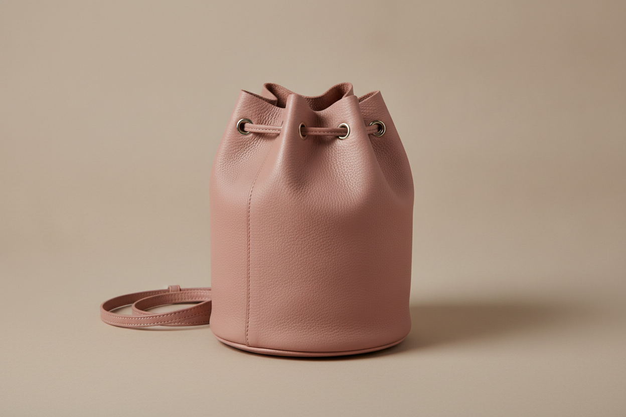 A dusty rose drawstring bucket bag that shows its construction honestly: one wrapped body panel with a visible vertical seam, joined to a round base disc along a seam you can follow all the way around. That is the whole pattern in two pieces. The closure is fiction, though. Three eyelets are visible where the preset asked for six, the cord passes through them and simply ends with no knot, no toggle and no cord ends, and the detachable strap lies on the surface next to a bag that has no D-rings or hardware anywhere to attach it to