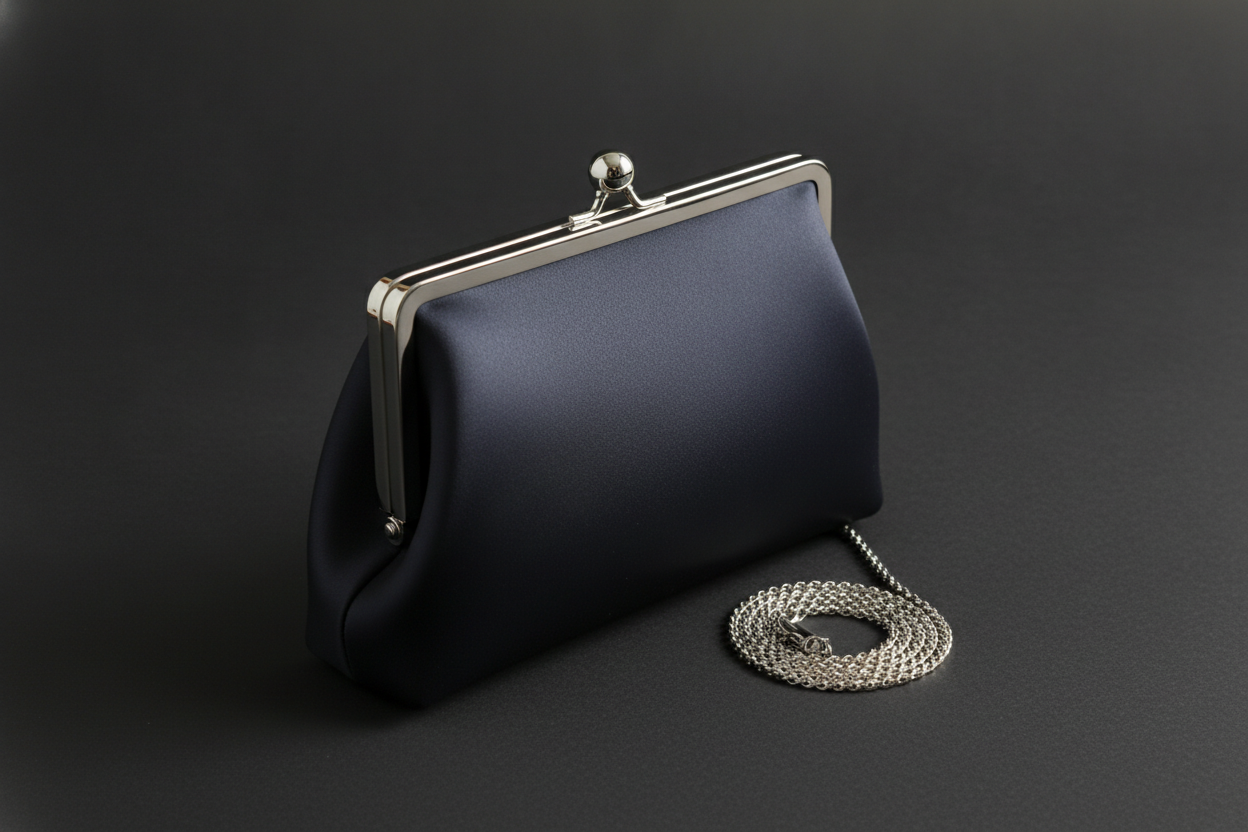 A framed evening clutch, and the exact mirror image of the hobo failure. Here the preset asked for a rigid shell that holds its shape completely, and the body came back soft, gathered and pleating where it meets the metal. Ask for slouch and get tension, ask for rigidity and get drape. The kiss-lock frame itself is beautifully observed, right down to the channel the material is set into and the hinge on the left arm, which is the argument for buying frames rather than drawing them. Two smaller notes: the preset said satin-finish leather and the model heard satin and gave fabric, and the chain lying beside it is a closed loop with no ends, so there is nothing to attach it with