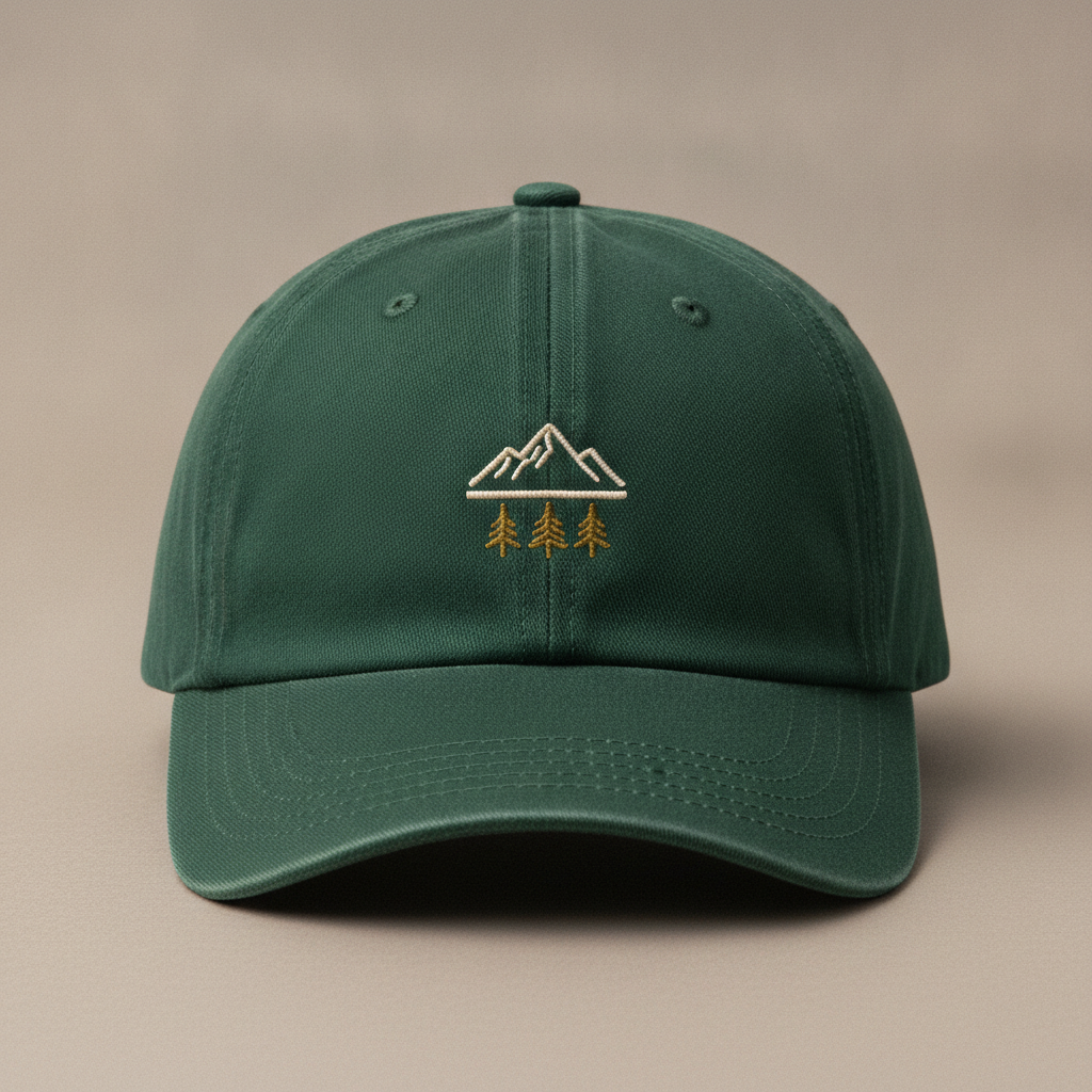 AI hat design generator result: a forest green unstructured dad hat with a small mountain range and three pine trees embroidered in cream and mustard thread on the front panel