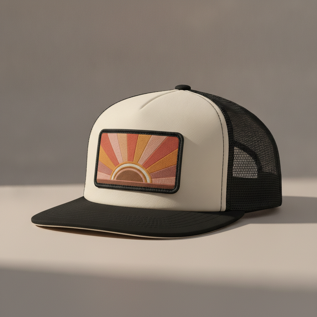 Trucker cap design made with AI: a cream front panel and black mesh back carrying a rectangular retro sunburst patch in faded orange, dusty rose and warm brown with a stitched border