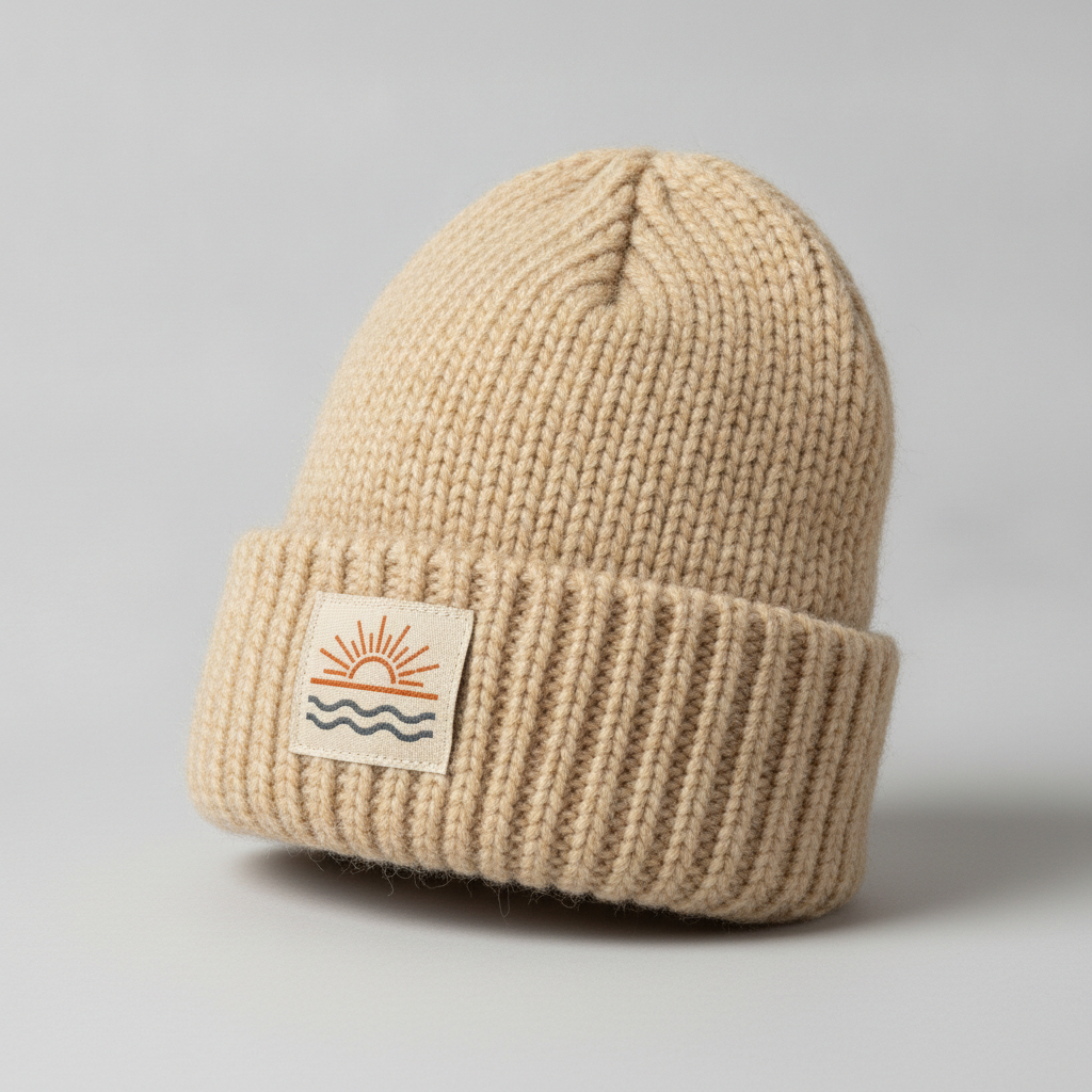 Beanie design from the AI hat design generator: an oatmeal ribbed knit cuffed beanie with a small woven label on the cuff showing a rust orange rising sun over charcoal wave lines