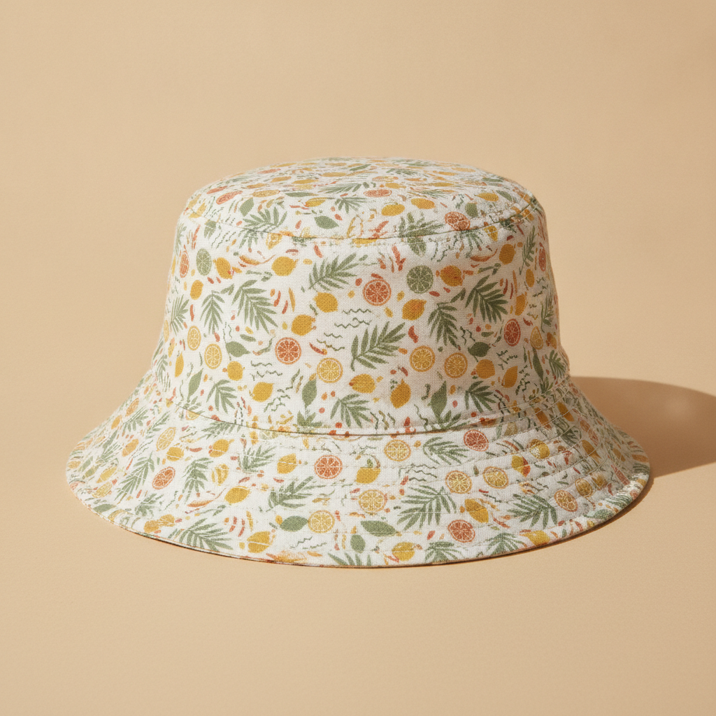 All-over print bucket hat designed with AI: small citrus slices, leaves and wavy dashes in sage green, mustard and terracotta printed across an off white cotton crown and brim