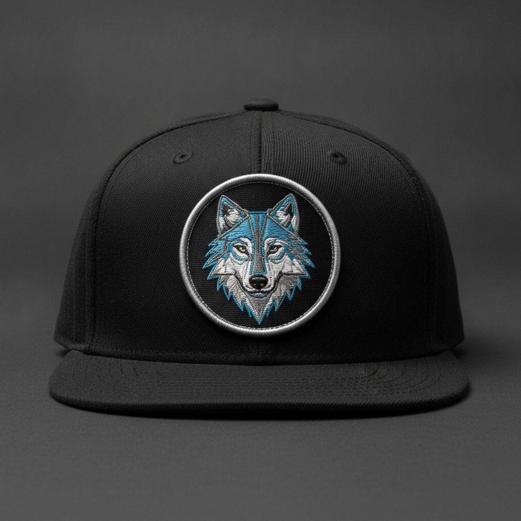 Snapback design from the AI hat design generator: a black flat brim cap with a large circular embroidered patch of a geometric wolf head in silver grey, ice blue and white thread
