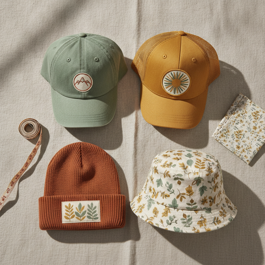 Four coordinating AI hat designs laid flat — a sage dad cap, a mustard trucker cap, a rust beanie and a botanical print bucket hat — sharing one palette of sage green, mustard, terracotta and cream