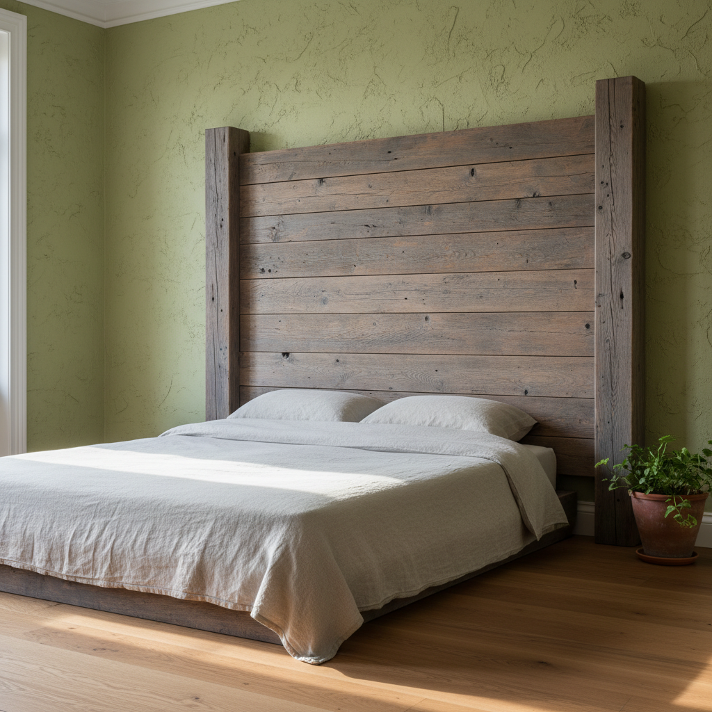 AI headboard design generator result: a reclaimed weathered oak plank headboard whose horizontal silver-grey boards are housed into two chunky square posts running from the floor up past the top board, against a green lime-plastered wall with a terracotta pot beside the bed.