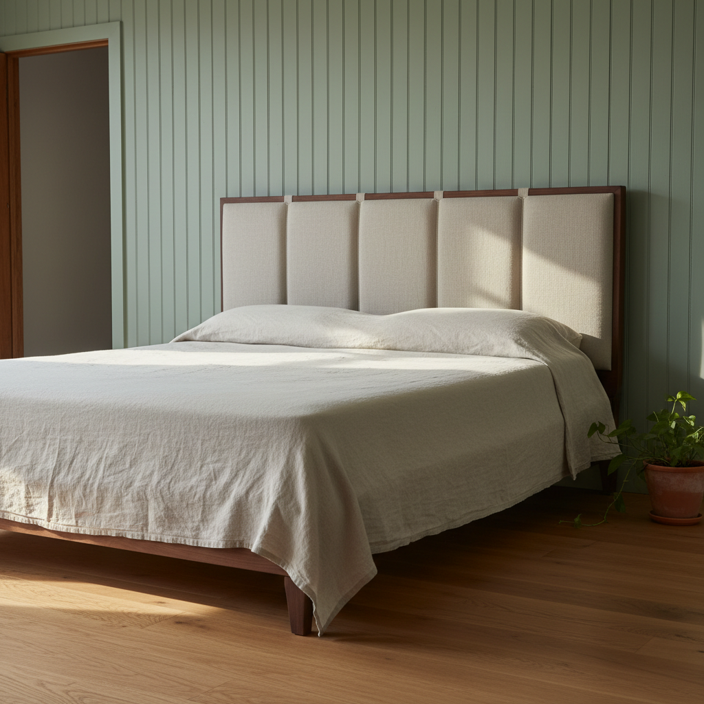 AI headboard design generator result: an upholstered oatmeal linen headboard divided into tall padded panels on two dark walnut legs, against a chalky green tongue-and-groove boarded wall with a door architrave at the left edge of the frame.
