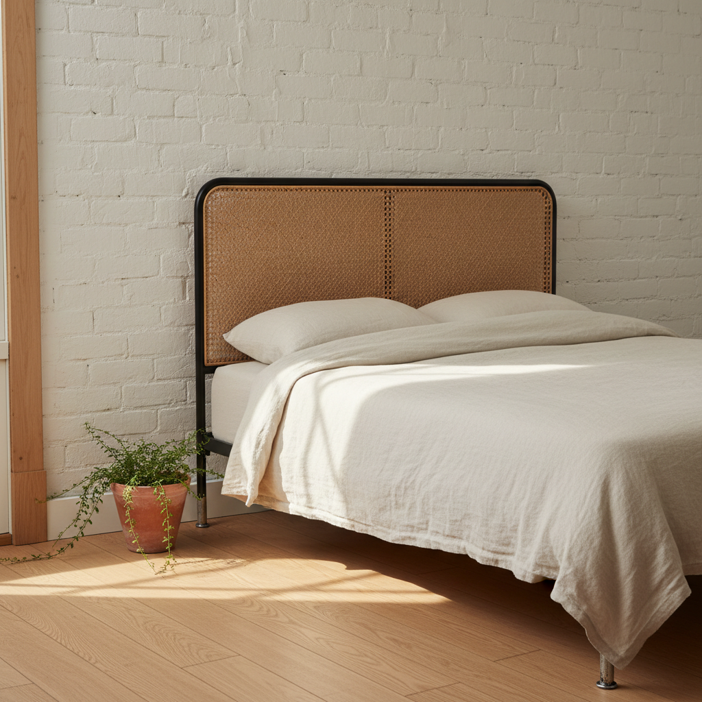 AI headboard design generator result: a woven honey rattan cane panel held in a slim matt black steel frame, filling the opening edge to edge, against a wall of old brick painted over in off-white with every mortar joint readable.