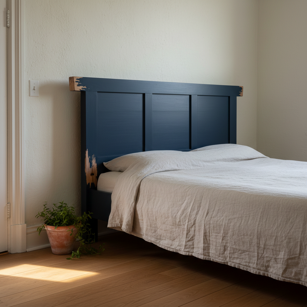 AI headboard design generator result: a deep inky blue Shaker headboard with exactly three recessed panels between two inner stiles, the paint chipped back to bare pine at the top corners, against plain pale plaster with a low afternoon light band on the floor.
