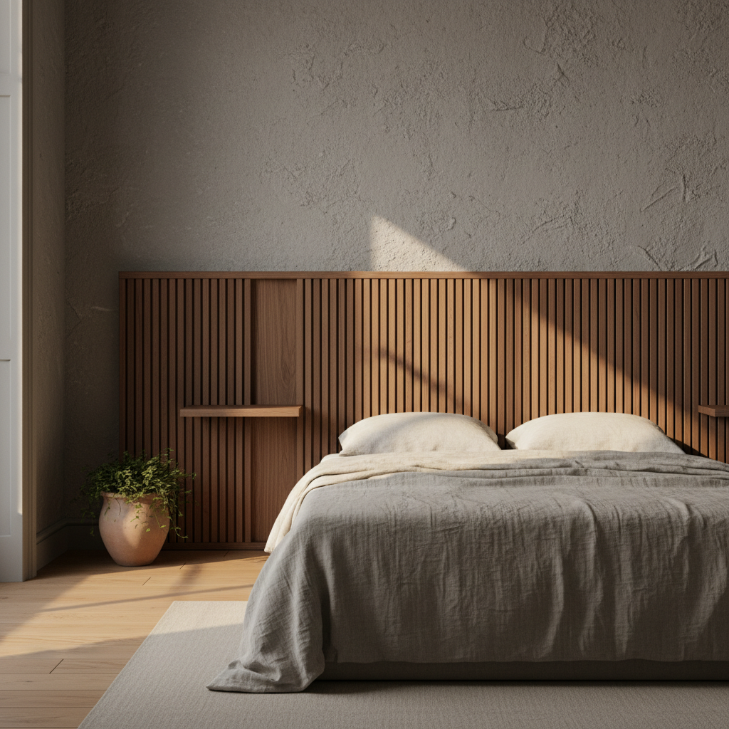 AI headboard design generator result: a low slatted walnut headboard running the width of the wall with two thick walnut shelves let into slots cut right through the slats, against rough grey clay plaster catching a diagonal patch of afternoon sun.