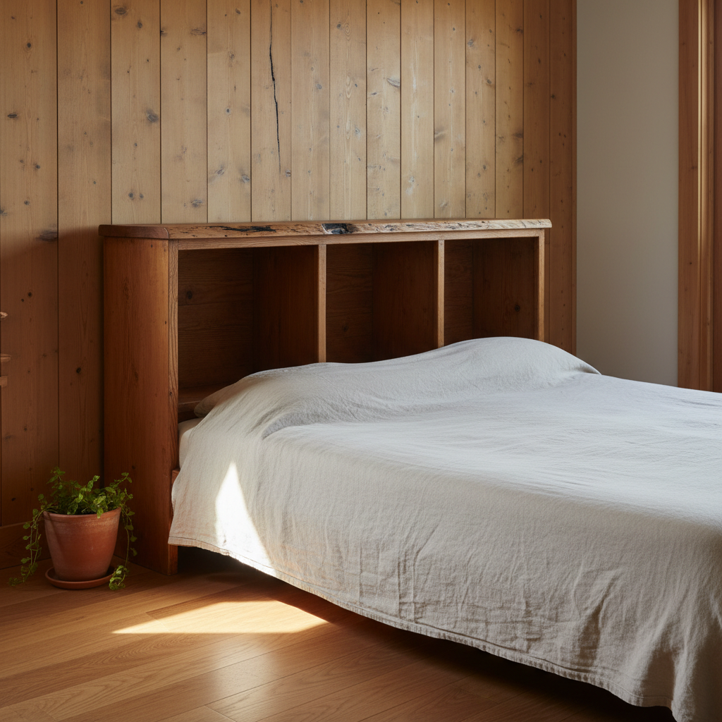 AI headboard design generator result: a waxed pine storage headboard built as a deep box with four cubby holes divided by three upright partitions, a dark split opening along the thick slab top, against vertical pine boarding.