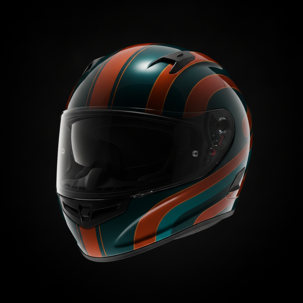AI helmet design generator result: a gloss full-face motorcycle helmet in a three-quarter view, painted with teal and burnt orange bands that sweep from the chin bar over the crown and taper toward the rear, following the curve of the shell