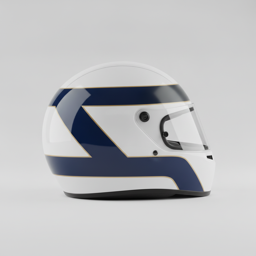 A white circuit racing helmet photographed square-on from the side, painted in a navy panel livery with a forward-pointing chevron across the temple and thin gold pinstripes separating each colour block