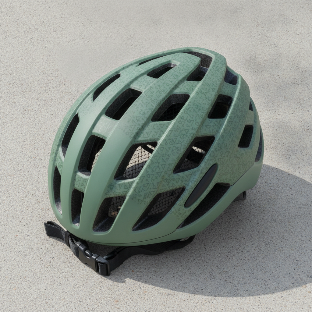 A vented sage green road cycling helmet seen from a high three-quarter angle, its tone-on-tone geometric print broken up and rerouted around every long air vent so no motif is cut in half