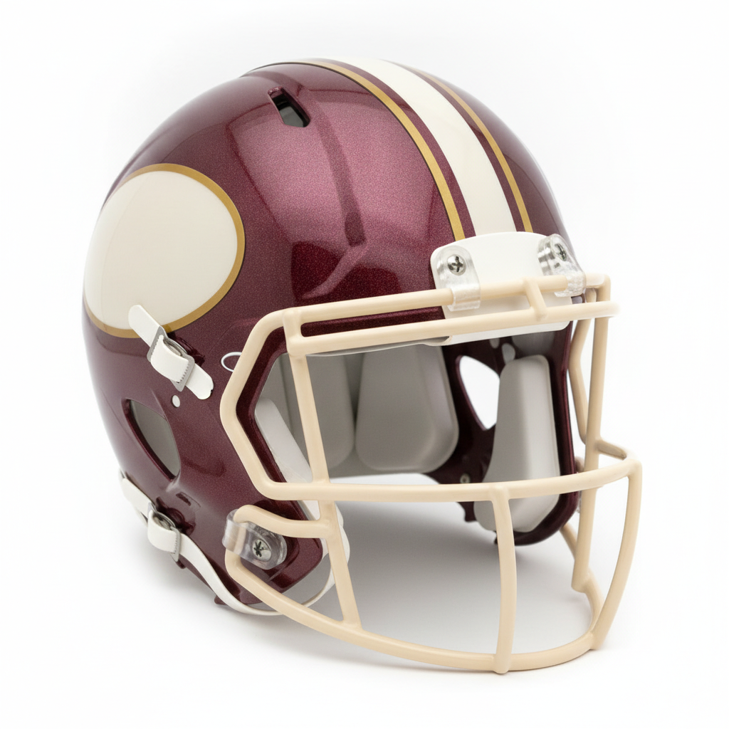 A maroon metallic-flake American football helmet with a wide cream centre stripe flanked by gold pinstripes, a cream facemask and a blank cream oval on the side where a team mark would normally be applied