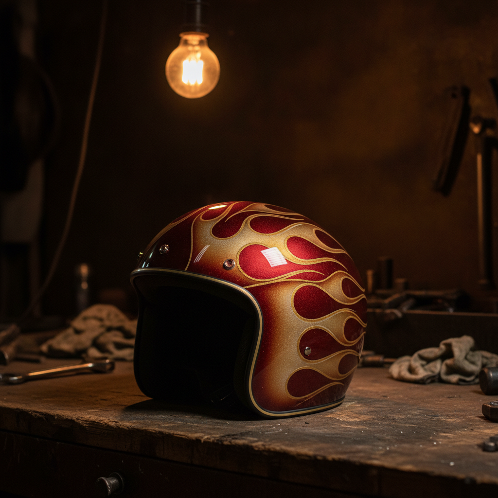 A custom airbrushed open-face motorcycle helmet on a workbench under a single warm bulb, finished in candy red over metallic gold with hand-painted flame work and a deep gloss clearcoat