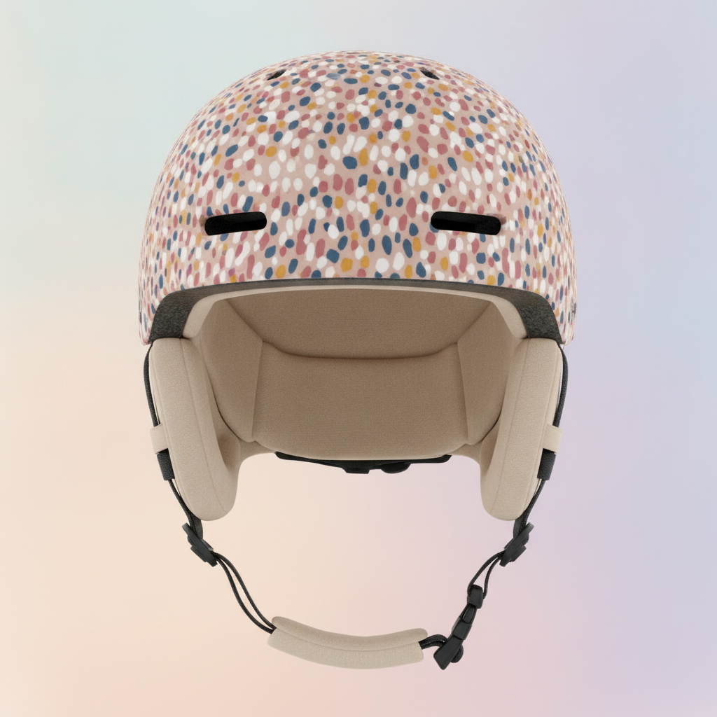 A rounded snowboard helmet seen from the front, covered in an all-over confetti pattern of dusty pink, cream, mustard and slate flecks that stays composed wherever a vent slot interrupts it