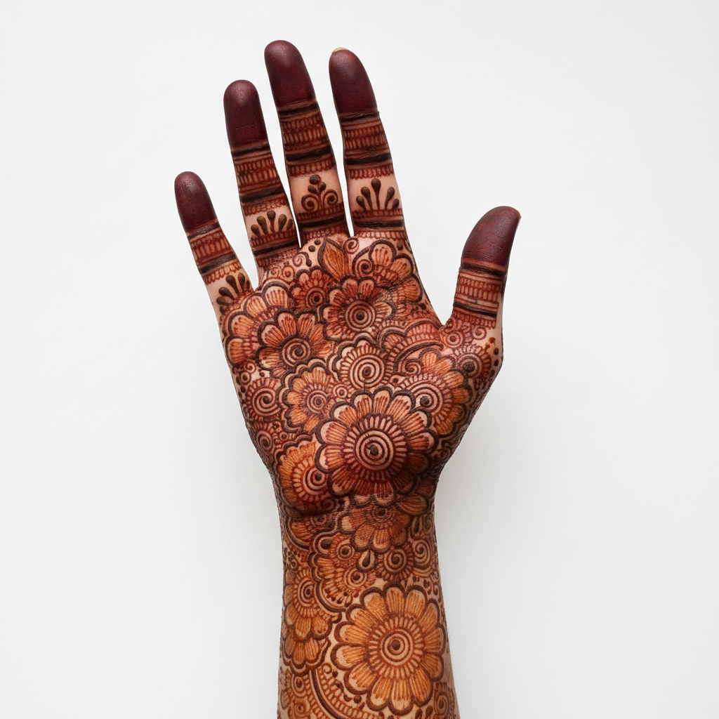 AI henna design generator result: a dense bridal mehndi design covering a hand and wrist, shot from directly above on a plain pale grey background. Layered rosettes, concentric spirals and fine dotted fillers cover the palm, ringed bands wrap each finger, and all five fingertips are capped solid in dark maroon stain. The hand is anatomically correct with five whole separate fingers and the linework stays crisp at its thinnest. Two drifts from the brief: the classic bridal vocabulary that was asked for — paisley buta, lotus medallions, mango motifs — is almost absent, replaced throughout by sunflower-like rosettes, and the design is not symmetrical, with the little finger carrying two thin bands while the others carry four or five. The pattern also runs off the bottom edge of the frame instead of stopping at a boundary.