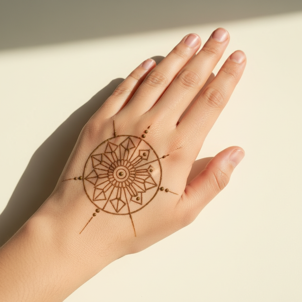 AI henna design generator result: a small fine-line mandala on the back of a pale hand against a cream background in hard afternoon sunlight. A circular wheel of thin geometric spokes, triangles and diamonds sits low on the back of the hand, with slender lines and small dots radiating out from it toward the knuckles and the wrist. The anatomy is the success here: four fingers and a thumb, all whole, separate and normally proportioned, with clean nails and correct knuckle creases. The drifts are in the drawing rather than the hand. The stain is a flat even brown of uniform width that reads like printed line art laid on the skin rather than pigment soaked into it, and the motif is a hard-edged geometric compass rose closer to dot-work tattoo flash than to any henna vocabulary. A strong diagonal shadow also cuts across the upper-left background, which was never requested.