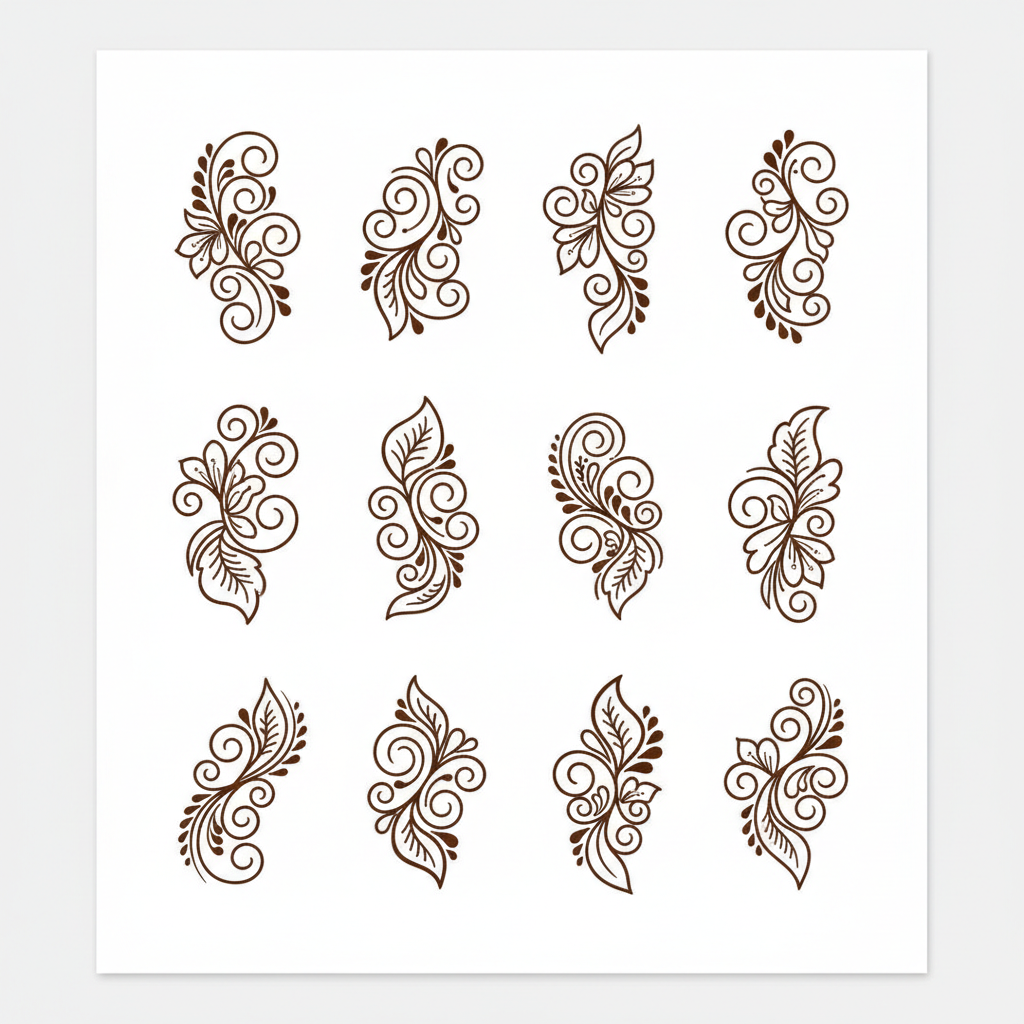 AI henna design generator result: a printable mehndi motif sheet, photographed straight down — a four by three grid of twelve henna motifs drawn as crisp dark brown line art on a sheet of plain white paper against a light grey surface. Each motif is a leafy swirl of curling tendrils, teardrops and a single open flower, drawn with clean unbroken strokes that would be legible to copy from. The sheet is completely blank apart from the motifs: no lettering, labels, numbers or watermark anywhere, which is what a practice sheet needs. Two drifts: the twelve motifs were meant to span vines, leaves, florals and trailing shapes and instead all twelve are minor variations of one leafy swirl, and the result is a photograph of a sheet of paper with a drop shadow and slightly skewed edges rather than the flat scan asked for, so it needs cropping and squaring before it will print.