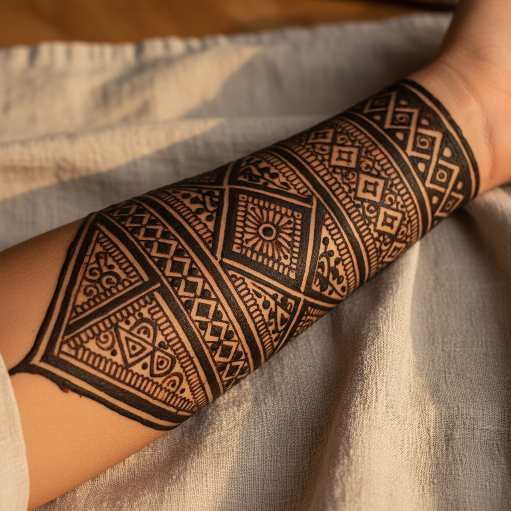 AI henna design generator result: a Moroccan-style geometric henna band wrapping a forearm resting on rumpled natural linen in warm side light, with shallow depth of field behind. The band is built from strictly geometric register rows — nested diamonds, chevron ladders, triangles, dotted borders and a central rosette medallion — that follow the curve of the arm correctly, with the pattern foreshortening as it turns away, and it stops in a clean pointed edge partway down the arm with bare skin below. There is not a floral or paisley motif anywhere, exactly as asked. The clear drift is colour: the stain came back as a dense near-black rather than the dark reddish-brown that was specified, so at a glance it reads as blackwork tattoo rather than henna, and the heaviest fills crush together enough to lose some of the fine detail inside them.