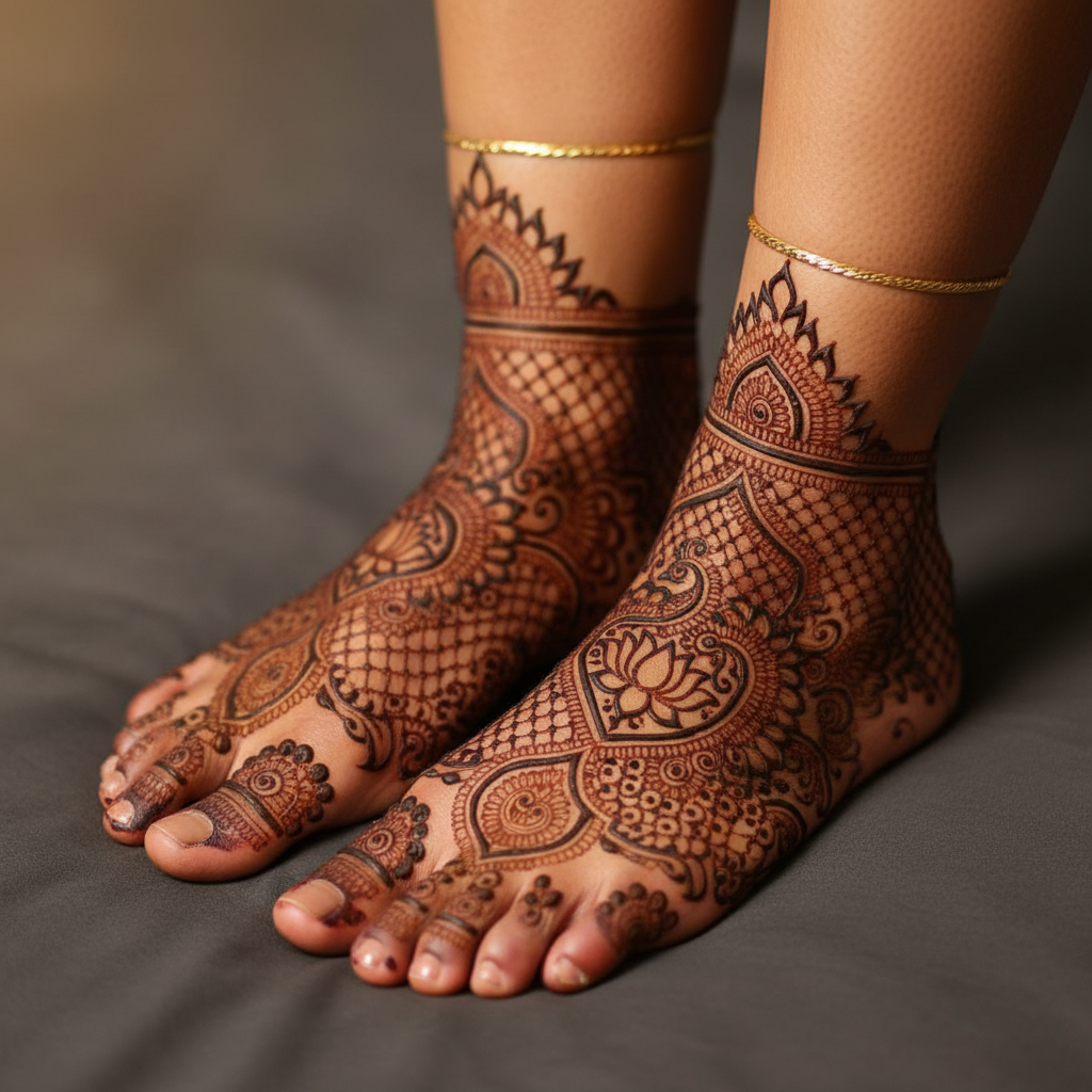 AI henna design generator result: bridal mehndi on a pair of feet standing on dark grey cloth in soft warm light, with a thin plain gold anklet on each ankle. A lotus medallion sits on the top of the right foot, scalloped arches and dense cross-hatched jaali netting fill the instep and ankle, a pointed sawtooth border closes the design at the ankle bone, and the stain is a deep maroon with the reddish variation real henna actually has. Three drifts: one foot and ankle was requested and a pair came back, the peacock with a spreading tail that the prompt named is nowhere in the design, and the two feet carry different patterns rather than mirroring each other as a bridal set normally would. Toe work is inconsistent too — some toes are capped and ringed, others are left bare, and the outer toes of the left foot are hidden behind the right foot where they cannot be checked.