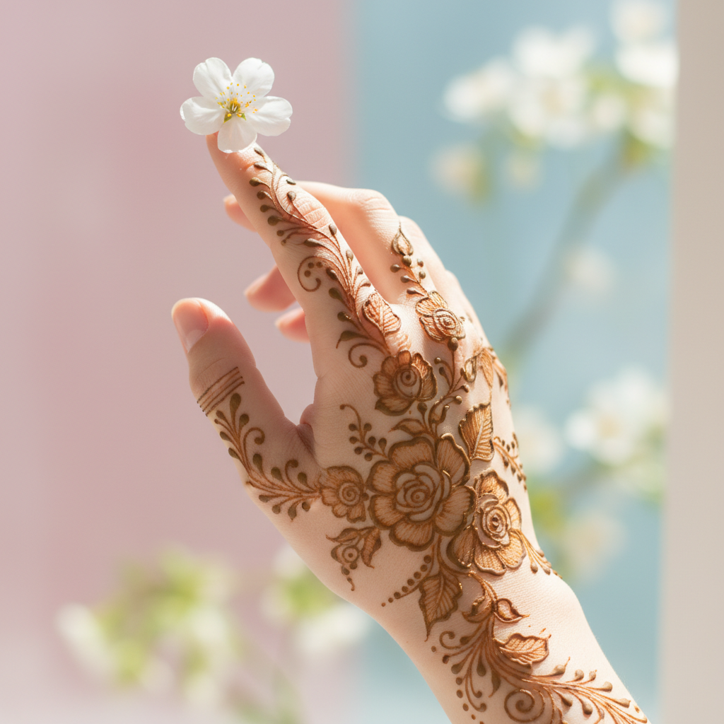 AI henna design generator result: a delicate floral henna design on the back of a raised hand holding a small white blossom, against a soft blurred pink and blue background with spring branches. Open roses, buds, serrated leaves and fine curling vines trail down the index finger, across the knuckles and along the back of the hand to the wrist, with a banded cuff on the thumb, and the botanical drawing itself is the best linework in the set. Two real problems. The stain is a warm metallic bronze that reads as gilded body paint or gold leaf rather than the light brown henna stain requested. And the hand does not fully resolve: the index, middle and ring fingers and the thumb are readable, but the little finger is missing behind them and the edge where the ring finger meets the back of the hand blurs into a single ambiguous shape.