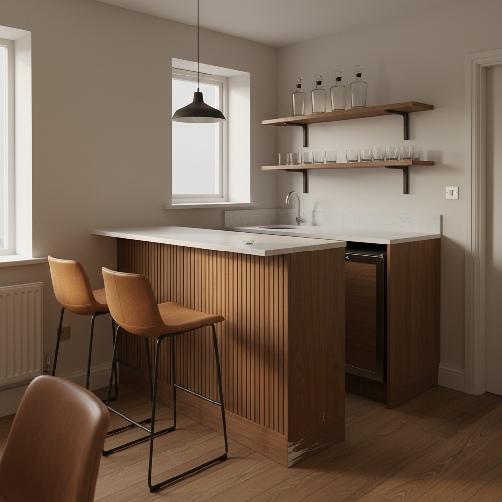 AI home bar design generator result: a built-in walnut home bar in a living room, with a fluted timber bar front, a honed white quartz counter, four plain cut-glass decanters on bracketed walnut shelves, tan leather stools, a radiator and a door architrave at the end of the run.