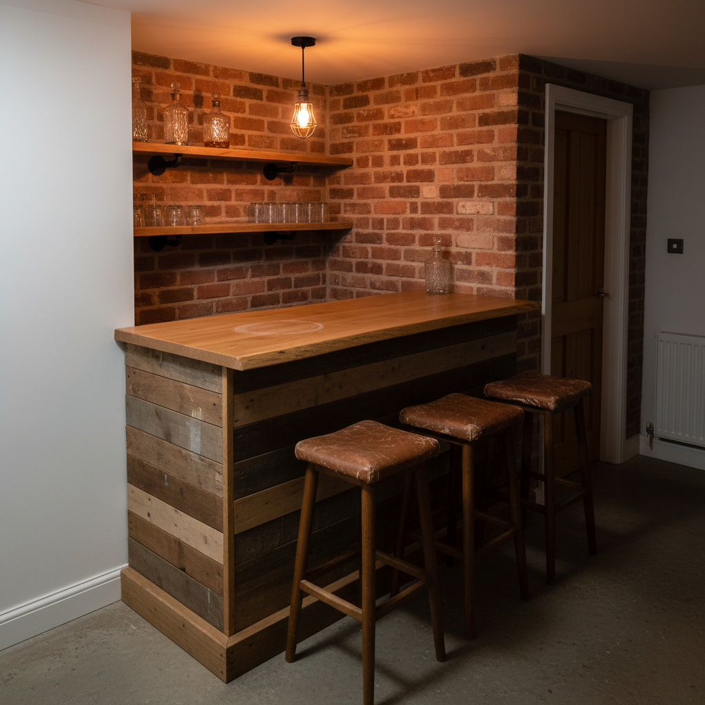 AI home bar design generator result: a basement bar clad in mixed reclaimed boards under a thick oak counter with a faint ring stain, black iron pipe shelves bolted to an exposed brick wall, three worn leather saddle stools and a caged filament bulb overhead.