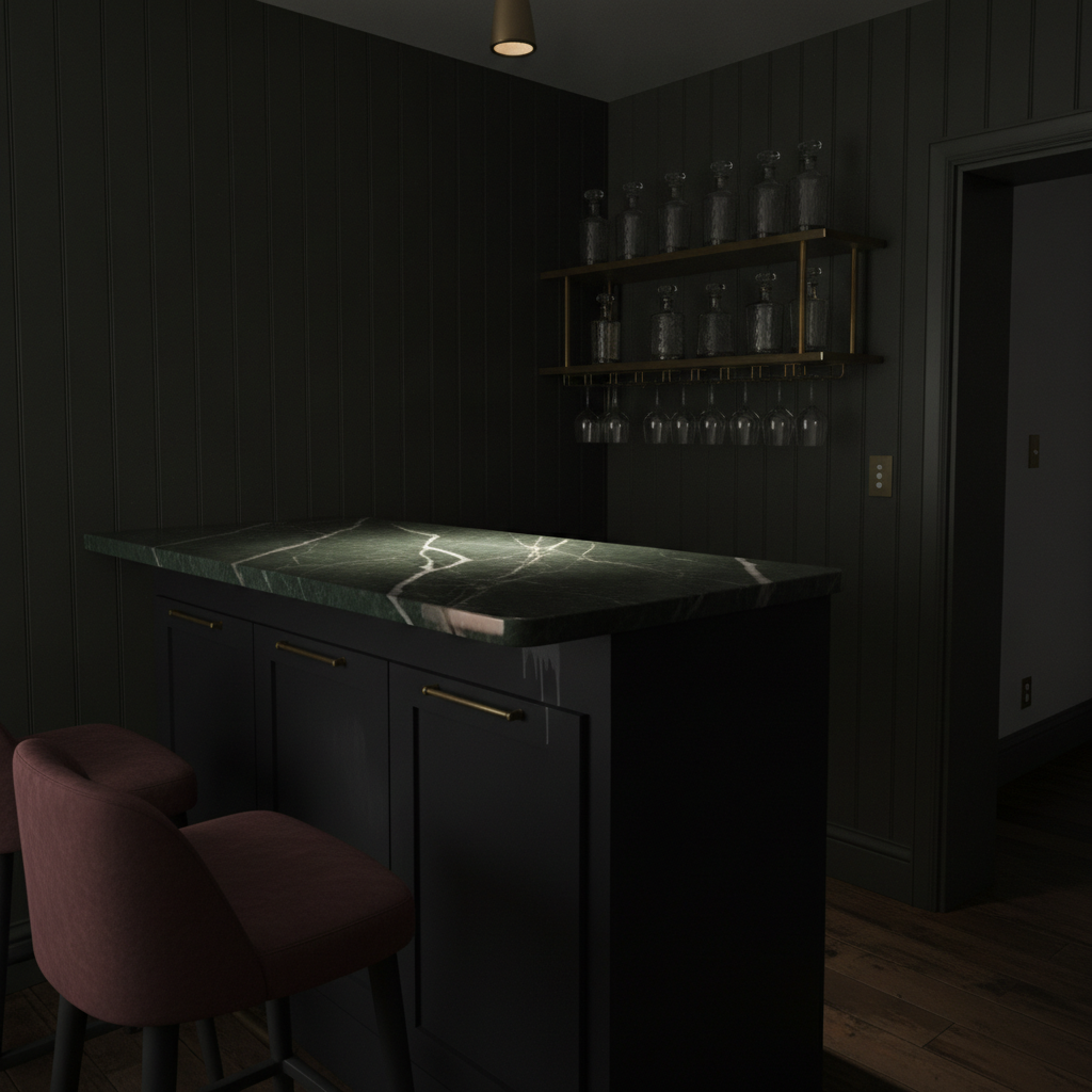 AI home bar design generator result: a dark home bar with a deep green marble counter, matt black cabinets with brass pulls, brass shelves of cut-glass decanters and stemmed glasses hanging upside down from a rail, and burgundy velvet stools in near-darkness.