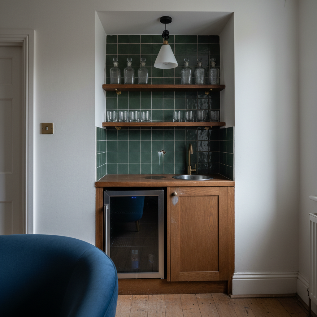 AI home bar design generator result: a compact wet bar built into an alcove, with a round stainless sink set into an oak counter, a brass tap, a glass-fronted under-counter drinks fridge, dark green square tile and two oak shelves on brass brackets.