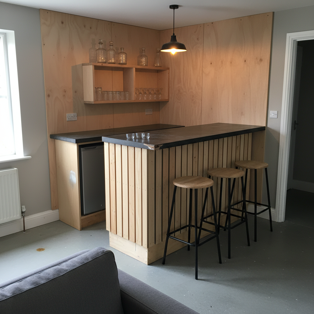 AI home bar design generator result: a garage games room bar with a vertical slatted timber front over a black backing board, a dark polished concrete counter with a chipped corner, a blank under-counter fridge in a cut-out, a birch plywood back wall and black tube-steel stools.
