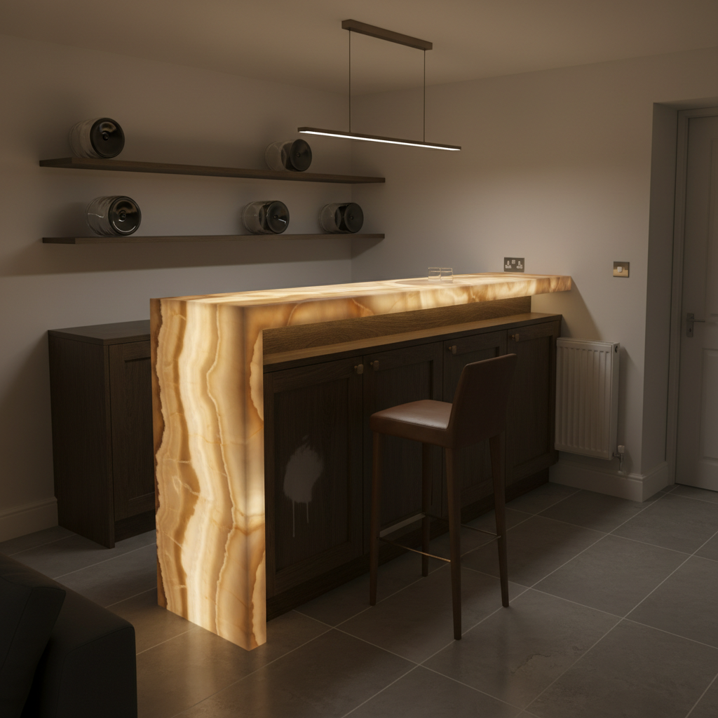 AI home bar design generator result: a basement bar with a backlit honey onyx front and waterfall end glowing from within, dark smoked oak cabinets, a linear pendant above, one leather stool and large format grey porcelain floor tiles.