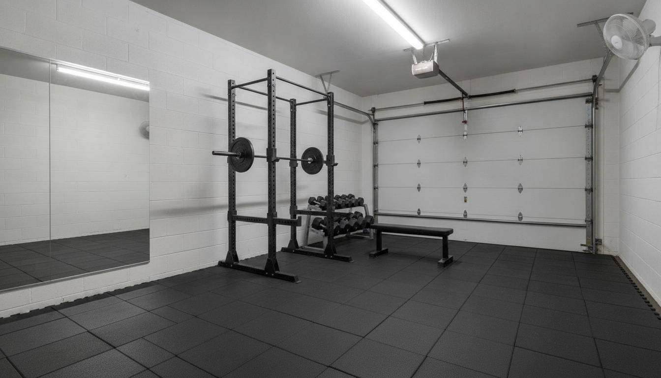 AI home gym design generator result: a converted two car garage with black interlocking rubber tiles wall to wall, a matte black power rack holding a loaded barbell, a flat bench, a two tier dumbbell rack, a full height mirror panel on the left wall, white painted block walls, a wall fan and a closed sectional garage door. This is the most convincing frame in the set and its mirror is a lie. The rack stands almost directly opposite the mirror and does not appear in the reflection at all, which shows only bare floor and empty wall. Two linear LED strips were asked for and one was drawn. The dumbbells were asked for graduated small to large along the rack and arrived as near identical pairs at the same size. The bench, which belongs inside the rack, sits out on the open floor. And in a converted garage that has to run a fan, an opener and eventually a treadmill, there is not a single electrical receptacle anywhere on the walls.